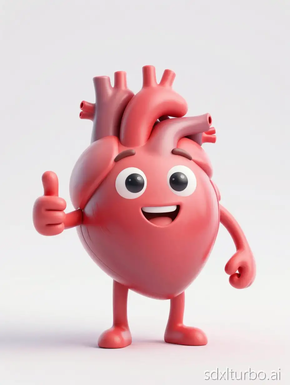 A high-quality 3D illustration of a healthy, happy human heart character giving a thumbs up gesture. The heart is anatomically inspired but simplified and rounded to feel friendly and approachable, not medical or graphic. It has a smooth surface, soft curves, and a warm, vibrant pink-red tone symbolizing good health.
The heart has expressive, cheerful eyes and a confident smile, conveying positivity, wellness, and encouragement. One arm is raised giving a clear thumbs-up sign, while the other rests naturally by its side. The character feels energetic, optimistic, and supportive of healthy living.
Clean studio lighting with soft shadows, subtle highlights, and realistic 3D materials. Minimal background in white or very light neutral tones to keep the focus on the heart. Advertising-quality render, ultra-smooth textures, modern health-tech friendly aesthetic, no clutter, no text, no medical gore.