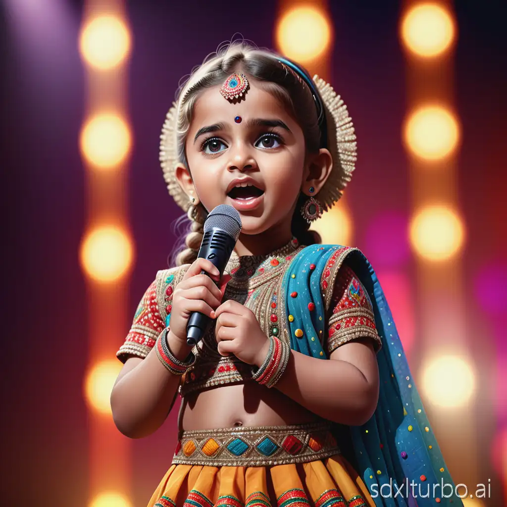 Hyper-realistic front portrait of a young cute baby-faced girl singing on stage, holding a microphone with soft natural hand pose. Wearing a traditional Gujarati embroidered chaniya choli with sparkling mirror-work details. Warm stage lights glowing on her hair, vibrant colorful background bokeh, glossy highlights on face, smooth skin texture, expressive eyes, open singing pose, dynamic lighting, realistic shadows, ultra-detailed fabric texture, cinematic concert look, 8K photorealism.