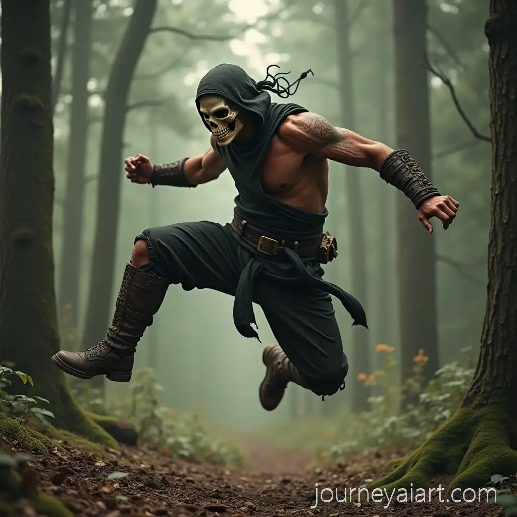 Male-Warrior-in-Skull-Mask-Performing-Jump-Kick-Attack-in-Dense-Forest