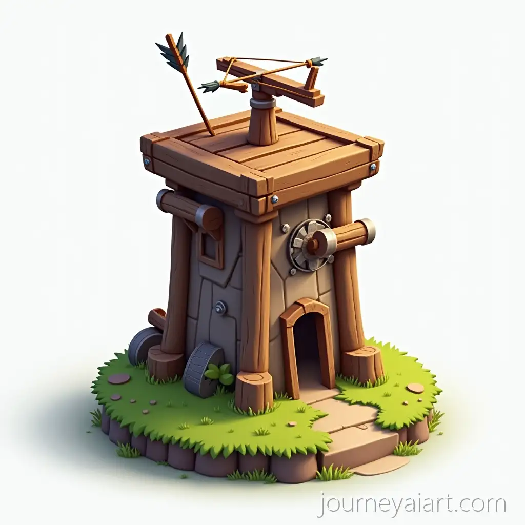 SemiRealistic-25D-Wooden-Arrow-Tower-on-Grassy-Platform-with-Steampunk-Details