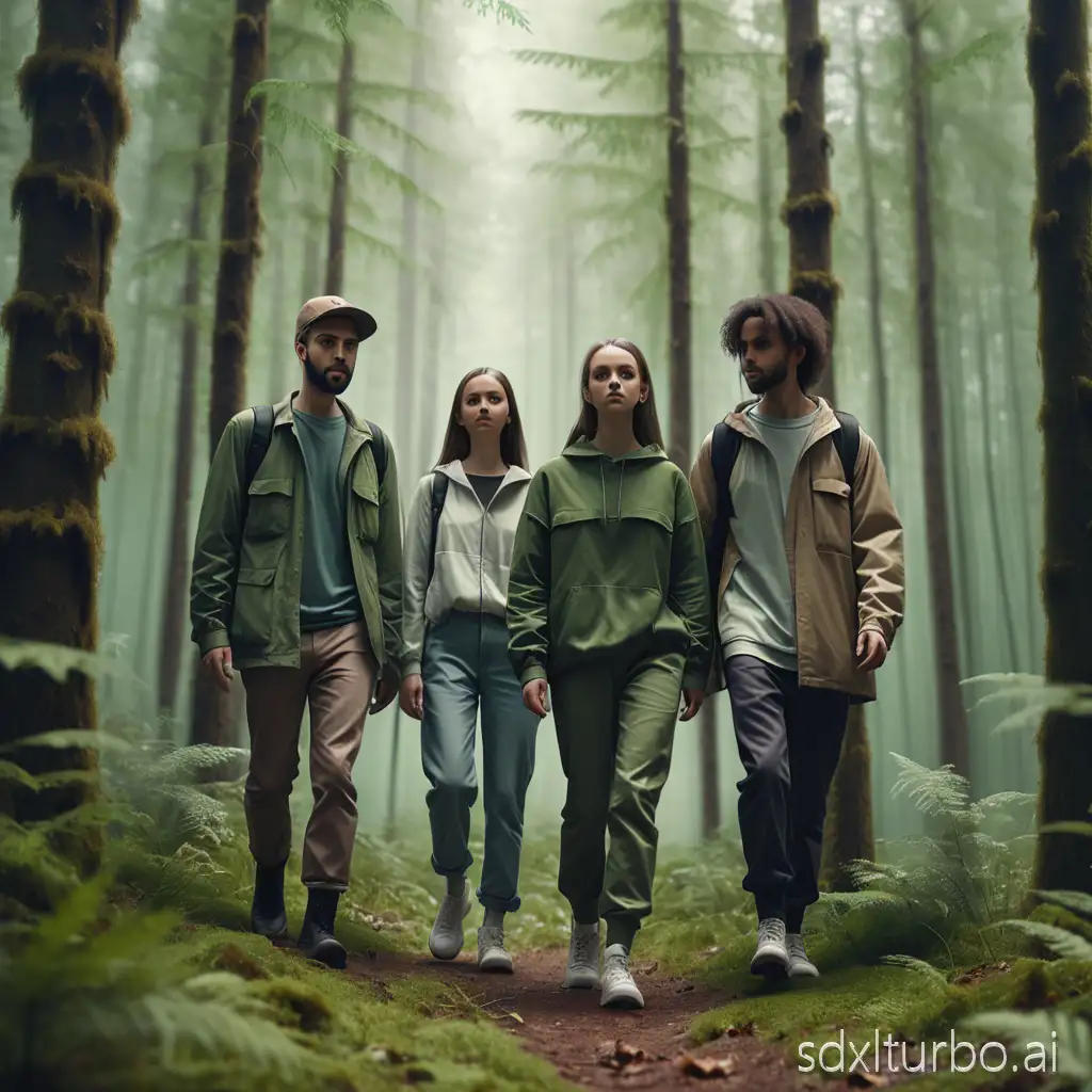 a group of people walking in a forest, full body, realistic clothing