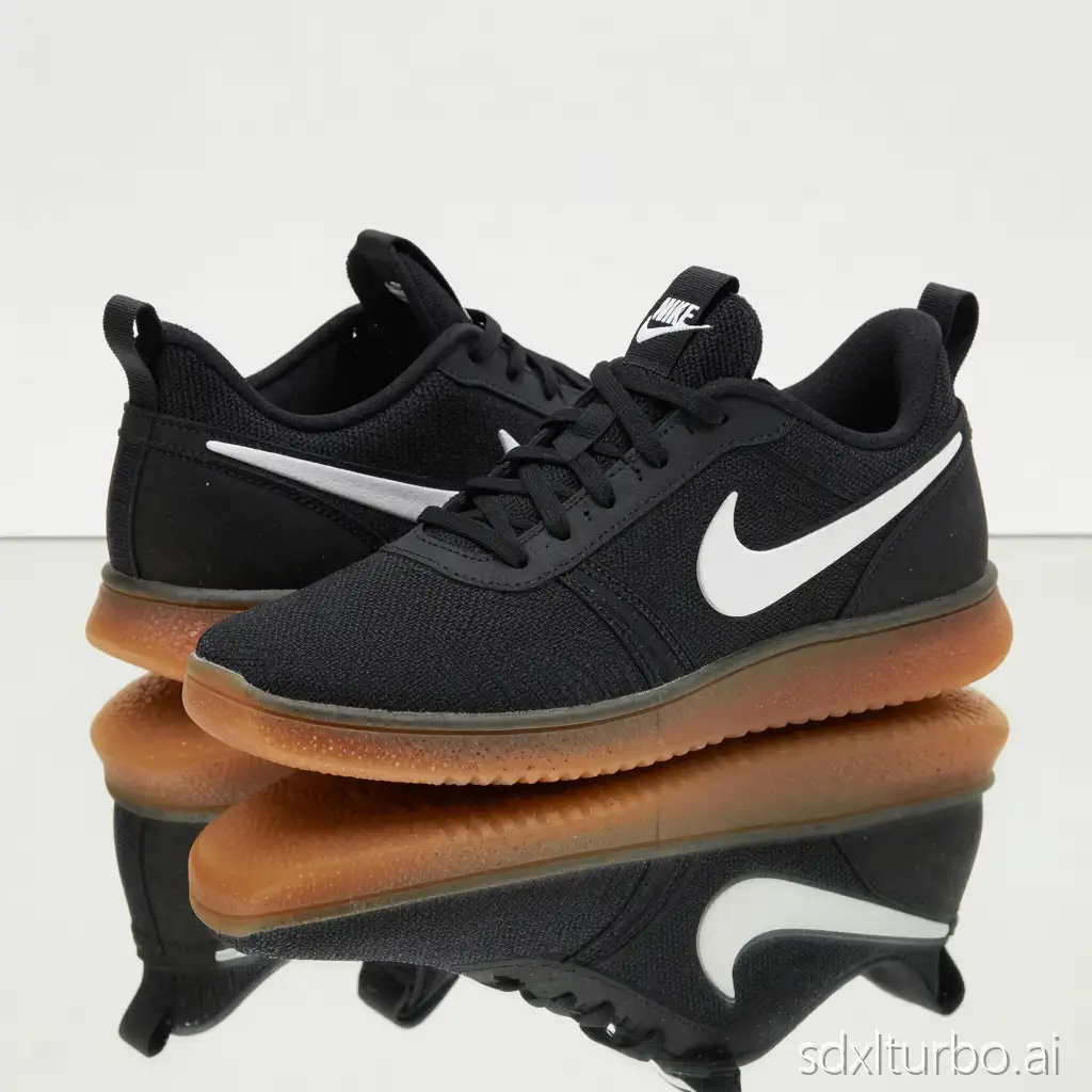 Create an image of a Nike black shoe, with elasticity at the back of the shoe and the nike logo being white. Under the shoe, the lowest layer of the shoe should be brown with minor black and white spots on it.  The lowest layer of the shoe is equal in width and does not narrow down. The shoe pair is placed on a mirror so the reflexion is visible. And the background of the place where shoe is placed is white. Both mates of the shoe are visible. one mate is facing forward to the camera, meaning almost only the front of the shoe is visible, and the other one is placed on top of the other one, and the front of it is on the mirror. I need a high quality image to use it as advertising.