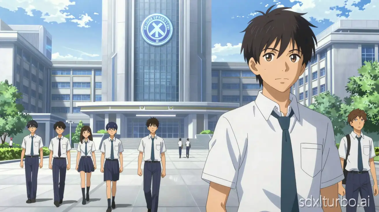 anime, cel-shaded, 2D illustration, line art, studio lighting, painterly, realistic anime, high detail
*Scene 1*
A wide cinematic shot of a futuristic elite school campus, tall modern buildings, glowing academy emblem, students walking confidently, morning light, atmosphere of hierarchy and pressure.
Use Aarav reference image, same boy, same face, same hairstyle, same school uniform, consistent appearance.