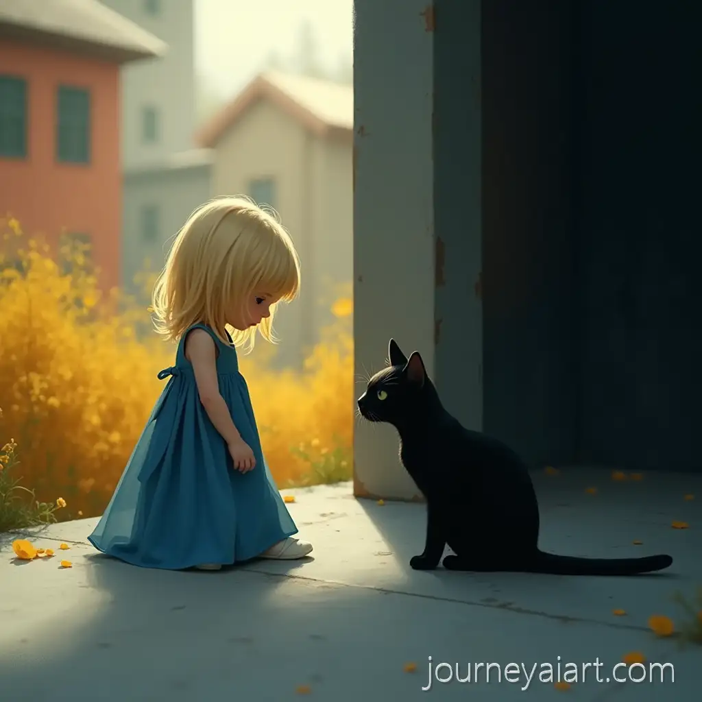 Blonde-Child-in-Blue-Dress-Communicating-with-Black-Cat-in-Painterly-Atmospheric-Scene
