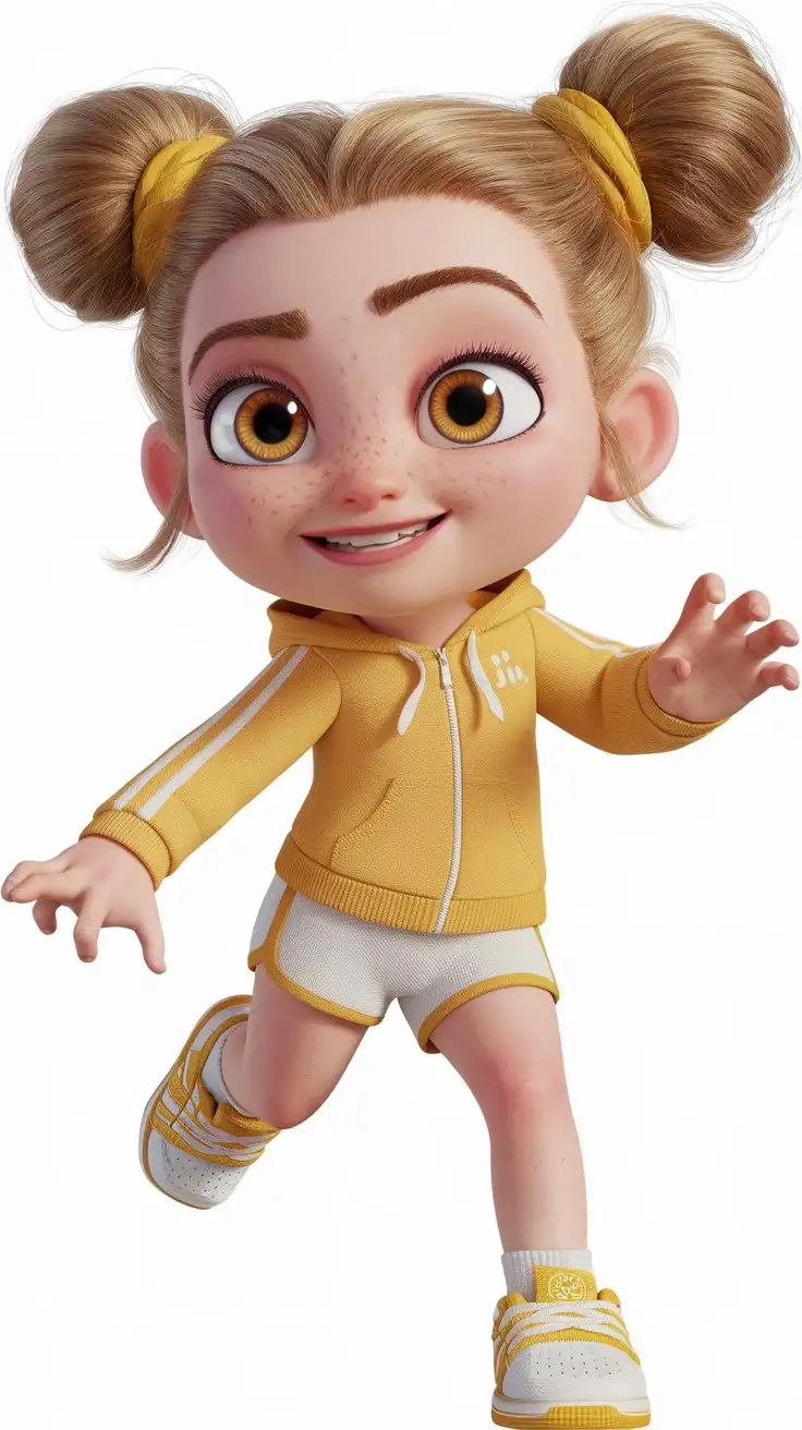 Nia, a hyper cute 3D cartoon girl, full-body, fair skin, bright shiny hazel eyes, blonde hair in playful double buns, mischievous playful smile, wearing a yellow hoodie with white stripes, white sporty shorts with yellow trim, yellow-white sneakers, energetic pose, funny chaotic vibe, Pixar x Disney cartoon shading, bright cheerful lighting, high-quality CGI full-body pose, entire character visible from head to feet, no cropping avoid faded colors, avoid mismatched clothing, use correct color palette