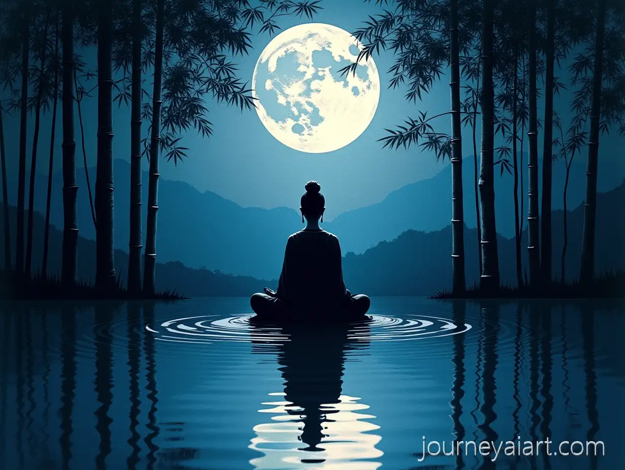 WaterMoon-Guanyin-MeditationWaterMoon-Guanyin-Meditation-by-Moonlit-Pond-in-Dotwork-Style