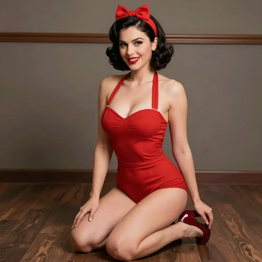 sexy vintage pinup girl with a bob hairdo kneeling