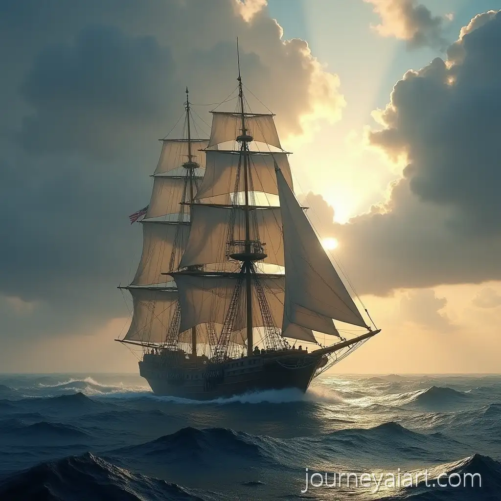 Medieval-Brigantine-Sailing-on-the-Ocean-with-Morning-Sunlight-Breaking-Through-Clouds