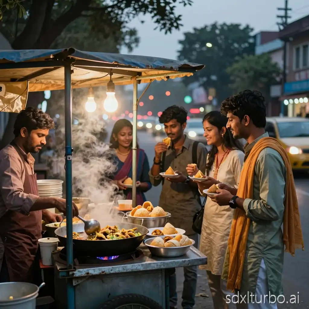 A cinematic evening street scene in an Indian city, featuring a vibrant roadside chaat cart lit with warm hanging bulbs. A street food vendor cooks fresh snacks in large metal pans, steam rising into the cool dusk air. Four young adults stand around the cart, smiling and chatting while eating pani puri and samosas, dressed in casual traditional Indian clothing. Tree-lined boulevard with soft bokeh traffic lights and motion blur from passing cars in the background, cozy urban atmosphere, shallow depth of field, ultra-realistic, natural colors, documentary photography style, 35mm lens, high detail, warm lighting, twilight mood.