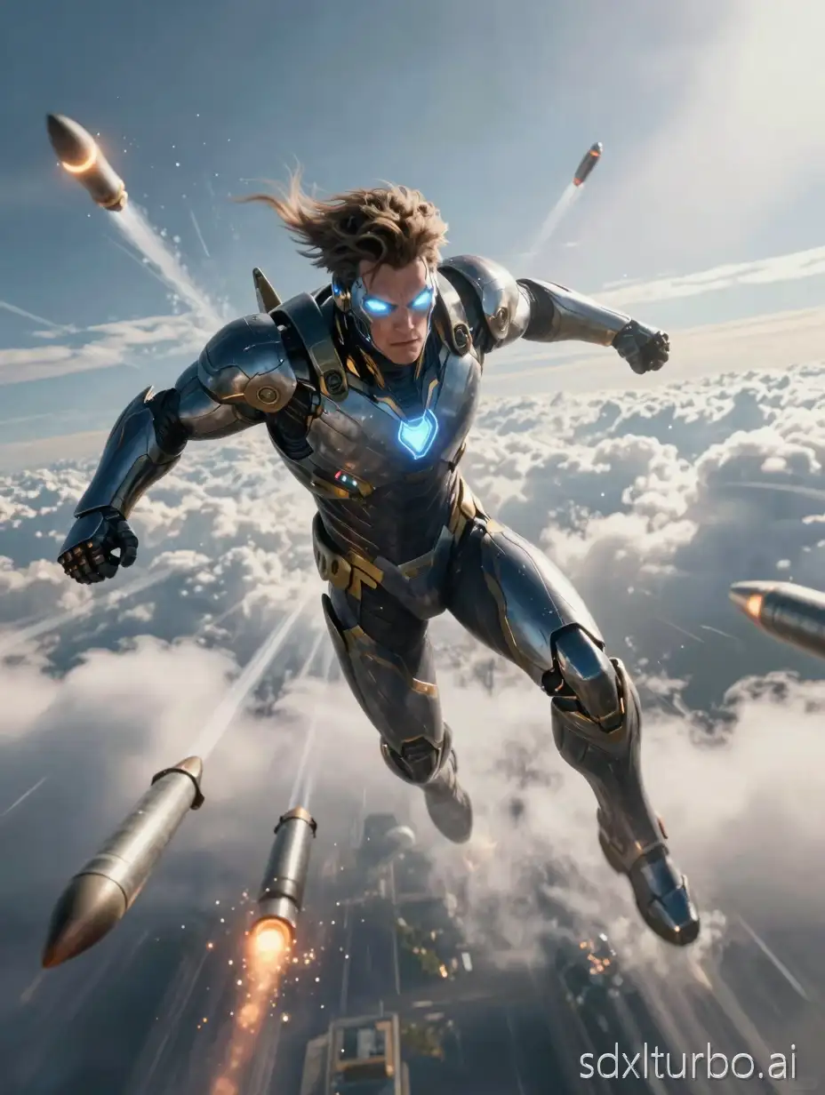 Ultra-dynamic cinematic superhero action scene, high-altitude aerial combat above the clouds, dramatic wide-angle perspective, extreme sense of speed and motion blur, heroic male figure flying forward, futuristic armored suit with metallic blue, silver, and gold accents, glowing energy details, intense glowing eyes, wind-swept hair, missile trails and explosions below, epic warzone environment, volumetric clouds, atmospheric haze, god-rays, dramatic lighting, high contrast, hyper-detailed textures, ultra-sharp focus, photorealistic yet comic-book realism, Marvel-style cinematic realism, Unreal Engine quality, global illumination, ray-traced reflections, HDR, 8K resolution, filmic color grading, epic scale, powerful composition, action freeze-frame
