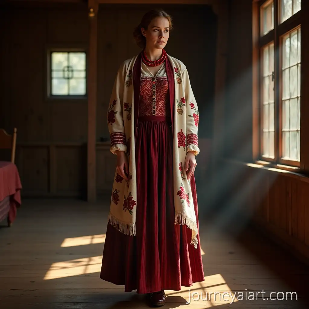 Stately-Woman-in-Traditional-19thCentury-Russian-Parochka-Outfit-in-Sunlit-Merchant-House