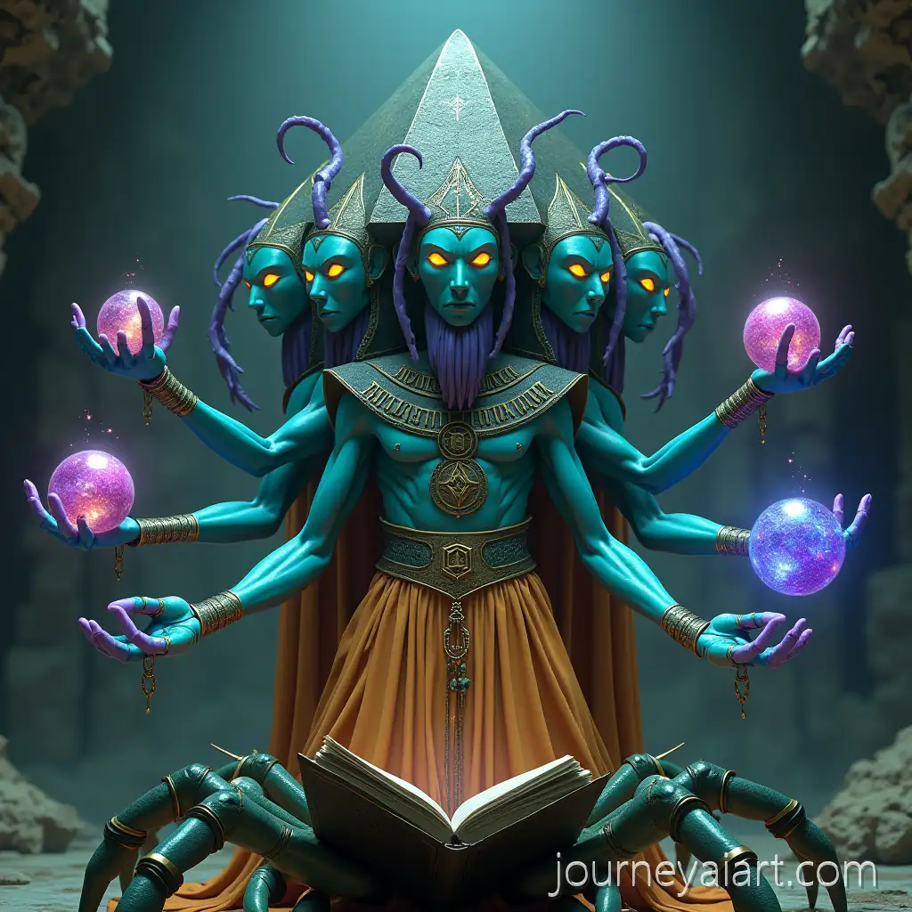 Eldritch-Cosmic-Deity-with-Multiple-Arms-and-Octagonal-Mask-in-Obsidian-Archive-Chamber