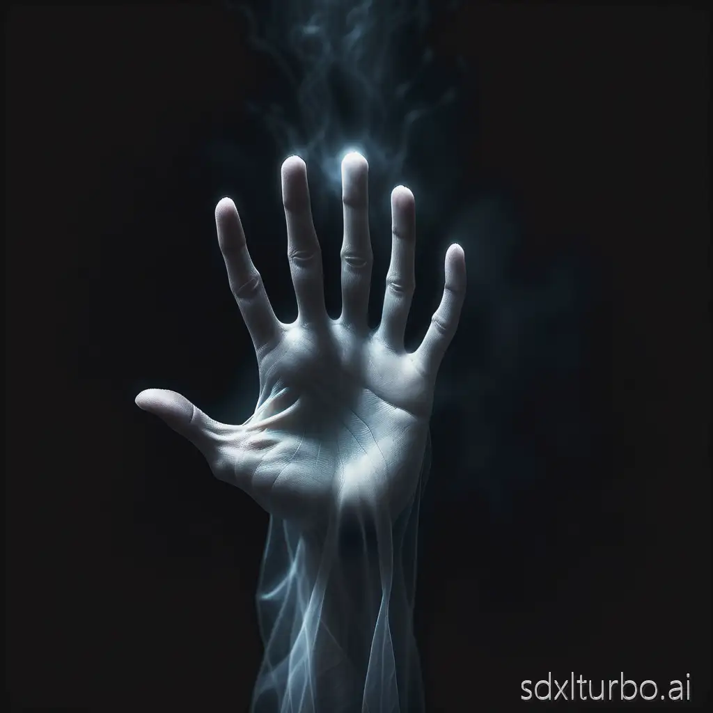 ghost hand, dark background, atmospheric light