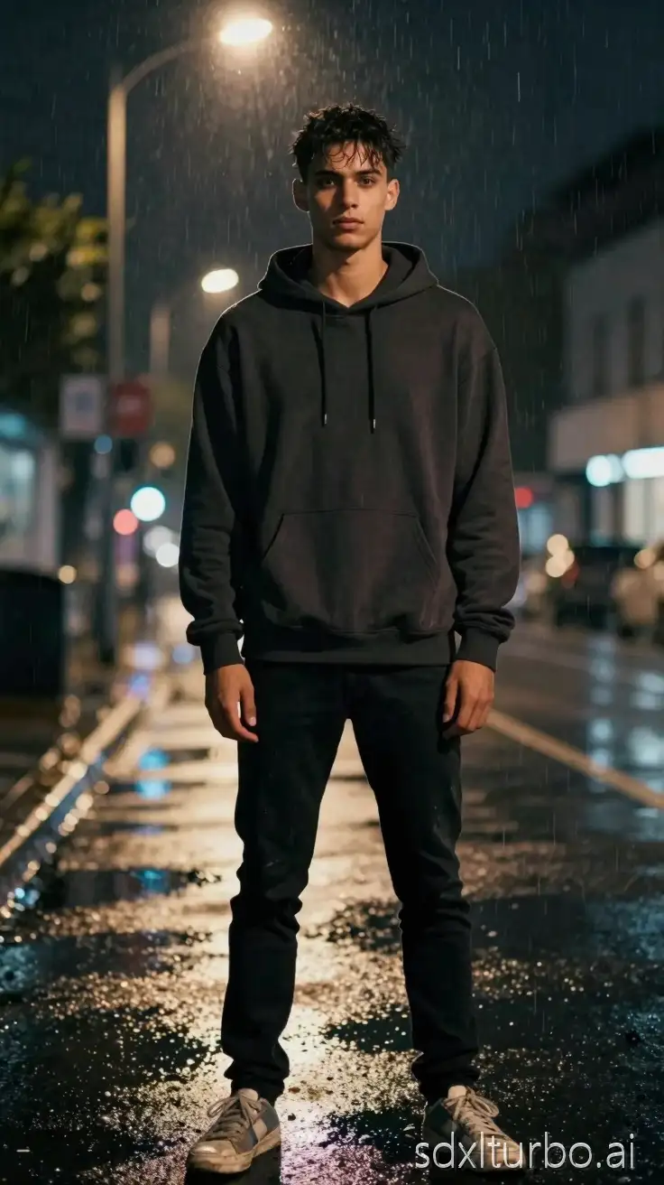 ultra realistic cinematic portrait of a 19-year-old male with ethnically ambiguous features, medium brown skin tone, short textured hair, defined jawline, expressive deep eyes, subtle eye bags, lean athletic build, wearing a slightly oversized dark hoodie layered over a plain t-shirt, black slim jeans, worn sneakers, standing under a flickering streetlight at night, light rain falling, wet asphalt reflecting neon lights, modern urban city background, cinematic lighting, dramatic shadows, volumetric lighting, 85mm lens, shallow depth of field, film grain, ultra detailed skin texture, realistic lighting, 8k, cinematic film still, masterpiece