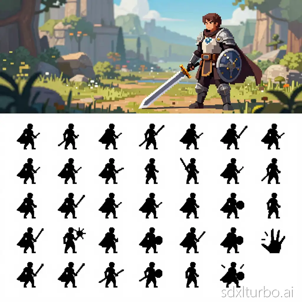 game-ready 2D pixel art sprite sheet, top-down 3/4 view, fantasy RPG style, 48x48 pixel art, 16-bit pixel style, clean pixel edges, sharp outline, clear readable silhouette, high contrast colors, consistent lighting, consistent proportions, transparent background, sprite sheet layout blurry, smooth shading, anti-aliasing, gradient, realistic, 3D render, high resolution painting, anime illustration, watercolor, oil painting, soft lighting, motion blur, depth of field, text, logo, watermark, UI, background scenery, complex background game-ready 2D pixel art sprite sheet, top-down 3/4 view, fantasy RPG swordsman character,  male swordsman wearing light armor, short flowing cape, one-handed sword and small round shield, calm and disciplined warrior, stable powerful stance,  animations included: idle animation, walking animation, sword slash attack animation, shield block animation, hit reaction animation, death animation,  48x48 pixel art, 16-bit pixel style, clean pixel edges, sharp outline, clear readable silhouette, high contrast colors, consistent proportions, transparent background, sprite sheet layout