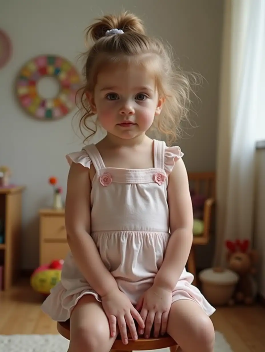 Adorable skinny little girl. Sitting on a stool in a playroom.