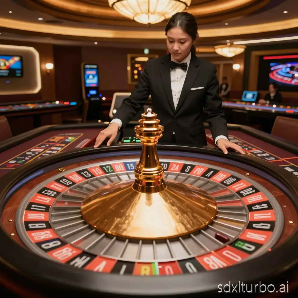 A roulette room in a gaming casino with a large roulette table in the middle, where a croupier stands