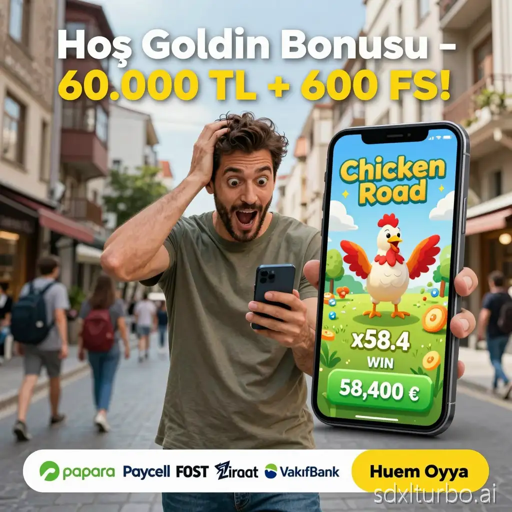 Photorealistic commercial advertising image set on a busy street of a modern Turkish city (Istanbul or Ankara). In the center of the frame: a Turkish man aged 30–40, well-groomed, wearing casual urban clothing (t-shirt and jeans). He is holding a smartphone and looking at the screen with extreme surprise and joy — mouth wide open, eyes wide, one hand grabbing his head, expressing shock, excitement, and an unexpected win. On the right side of the image: a large, clean smartphone mockup displaying a mobile game called ‘Chicken Road’. The screen shows a colorful cartoon flying chicken, a multiplier ‘x58.4’, and a green button with the text ‘WIN 58,400 ₺’. At the top of the image: bold advertising headline in Turkish: ‘Hoş Geldin Bonusu – 60.000 TL + 600 FS!’ White and yellow typography, high contrast, aggressive promotional style. At the bottom of the image: logos of popular Turkish mobile payment systems (Papara, Paycell, FAST, Ziraat, VakıfBank) and a yellow call-to-action button with Turkish text: ‘Şimdi Kazanmaya Başla’ or ‘Hemen Oyna’. Bright daylight, vibrant colors, slight background blur, shallow depth of field, cinematic lighting. Professional commercial advertising style, ultra-realistic, high detail, sharp focus.