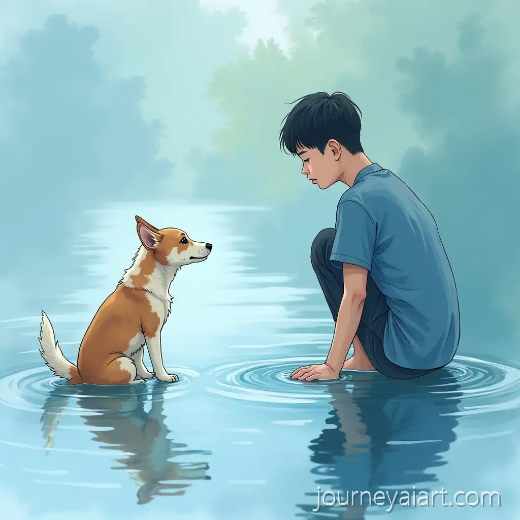 Small-Stray-Dog-and-Southeast-Asian-Man-in-a-Reflective-Water-Scene