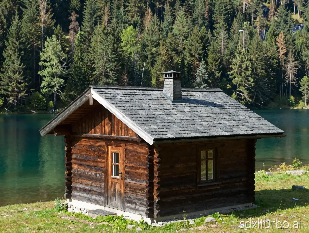 A wooden cabin with a slate chimney located in a forested valley next to a lake with crystal clear waters