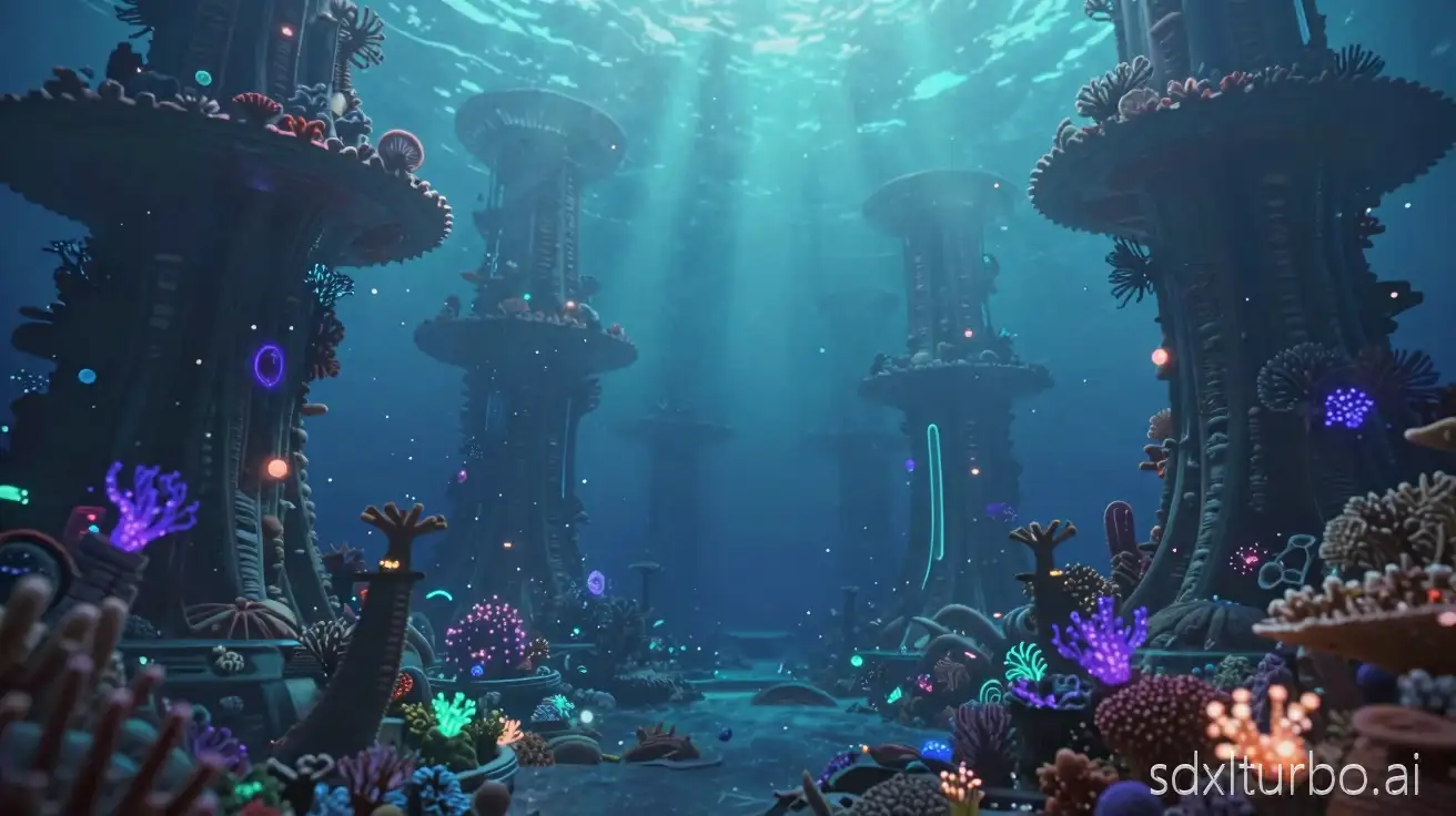futuristic underwater sanctuary with vibrant coral structures forming abstract architectural shapes, glowing bioluminescent marine life swimming peacefully, soft rays of light coming from the ocean surface, calm and hypnotic atmosphere, deep blue turquoise and violet tones, cinematic lighting, ultra detailed, ambient sci fi aesthetic, serene and meditative mood, slow drifting particles in water, dreamlike underwater world, soft glow, depth and volumetric lighting, peaceful and immersive environment