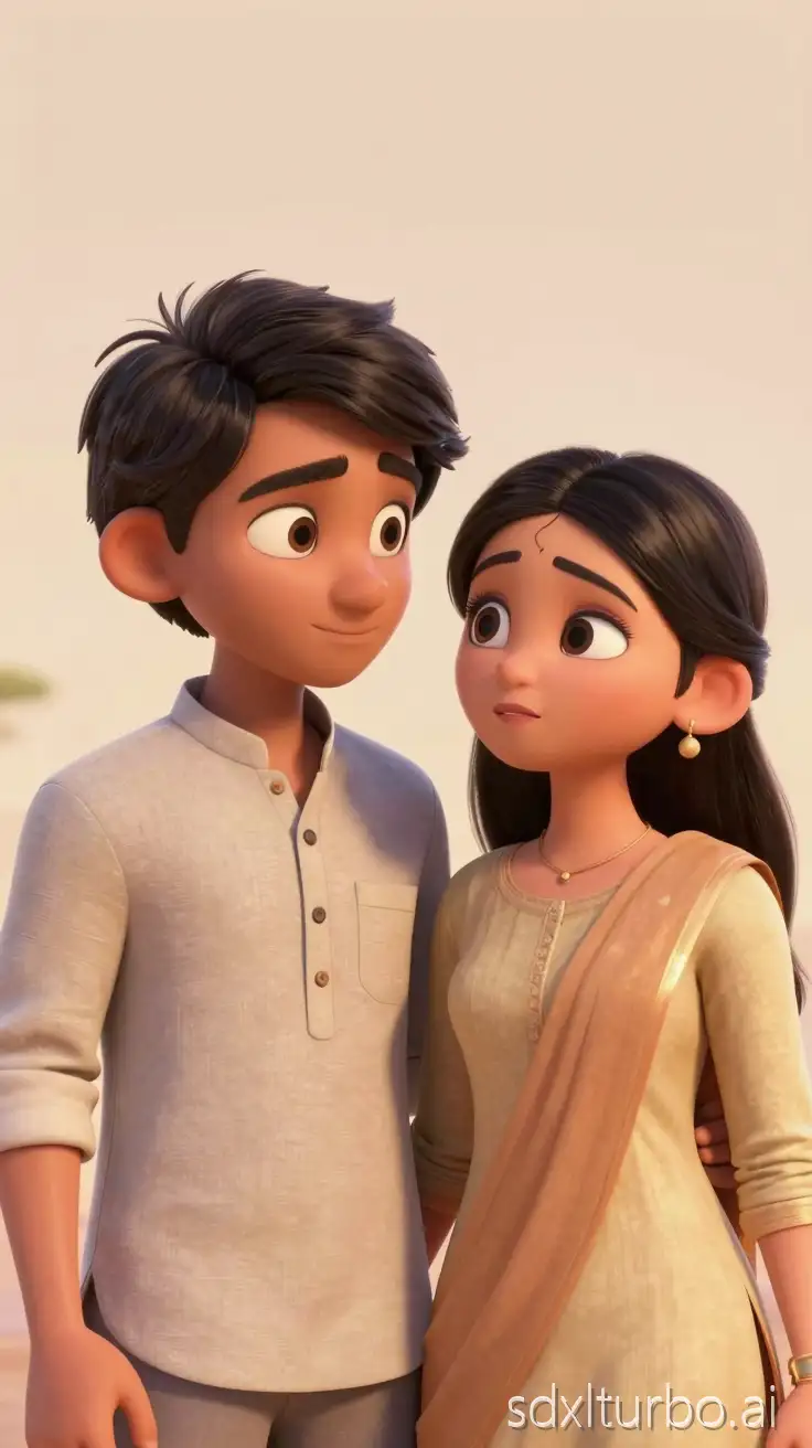 Young Indian couple in their mid-20s, cute 3D cartoon style, Pixar-inspired, soft rounded facial features, expressive eyes, natural brown skin tones, boy wearing casual kurta or shirt, girl wearing simple kurti or saree, standing close together with emotional expressions, romantic and nostalgic mood, warm soft lighting, pastel color palette, cinematic depth of field, high-quality 3D cartoon realism, clean background, vertical 9:16