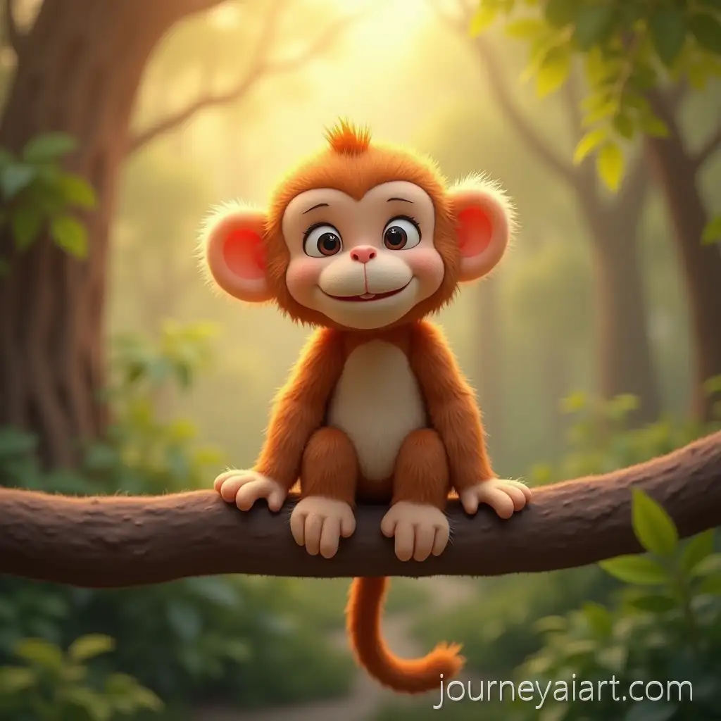 Cute-Baby-Monkey-Sitting-on-Tree-Branch-in-Magical-Forest-3D-Plush-Character-with-Fluffy-Fur-and-Button-Eyes