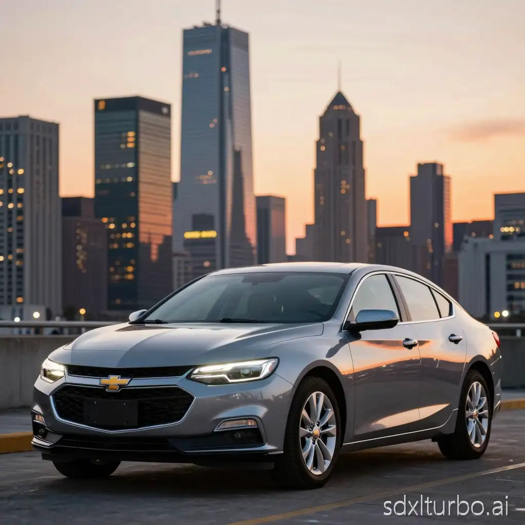 Chevrolet Malibu parked in front of a modern city skyline at sunset, realistic style, high detail, glossy car paint reflecting city lights, dramatic lighting, cinematic perspective, slightly low angle, sharp focus on car, soft bokeh background, warm color tones, urban atmosphere, photorealistic rendering