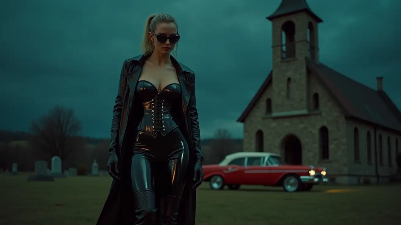 realistic photo , woman in foreground , wearing black shinny pvc low cut corset , shinny pvc long pants , shinny pvc trench coat , wearing black shinny pvc thigh high boots , shinny pvc long gloves , sunglasses ,  in background chevrolet bel air 1957 church in ruins with graveyard at night