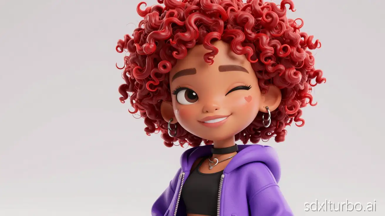 Stylized 3D cartoon character, high quality glossy render, female character winking and smiling with small fangs, vibrant red afro curly hair, round high-volume afro, detailed curls, smooth shading, cinematic lighting, warm skin tone, purple hoodie (hood down), black crop top, multiple ear piercings, urban streetwear style, heart mark on cheek, depth of field, highly detailed, octane render style, soft reflections, clean background
