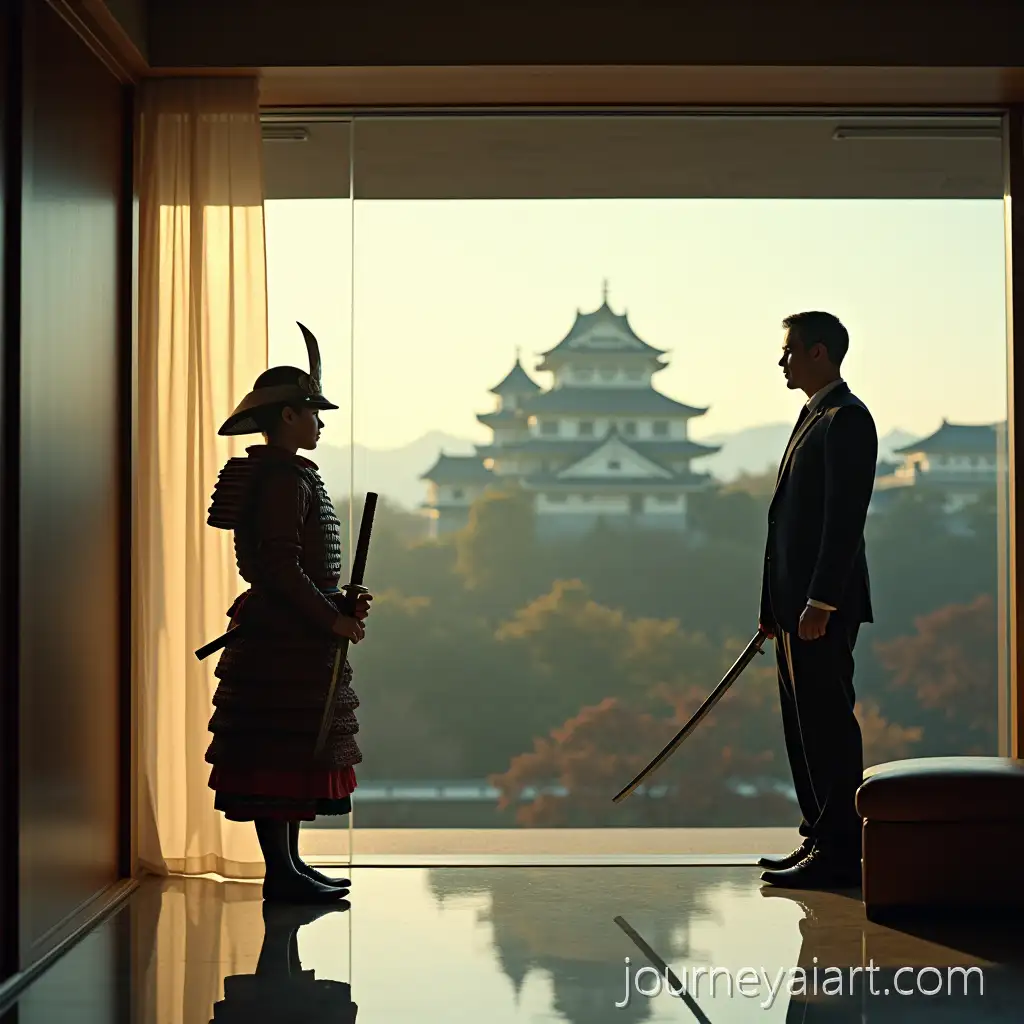 Businessman-with-Katana-and-Samurai-Reflection-in-Japanese-Castle