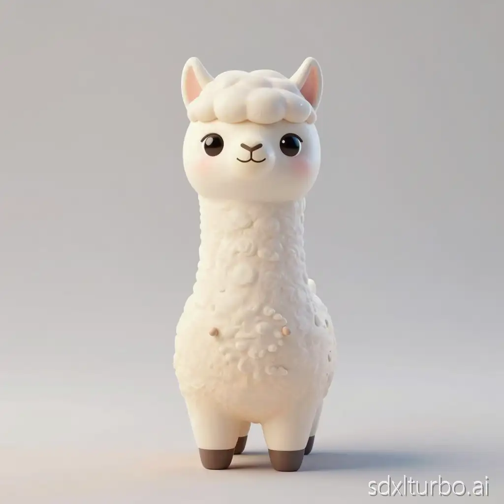 Cute cartoon llama toy standing on two legs (biped), long neck, big expressive head, smooth rounded body, short arms forward like little hands, friendly and curious expression, big eyes and soft rounded snout, minimalist toy design, no clothes, no accessories, smooth plastic toy material, interchangeable face concept suggested, chibi proportions, stable stance, modern clean adorable 3D toy style, front view, neutral pose, clean background, high quality 3D render, soft studio lighting