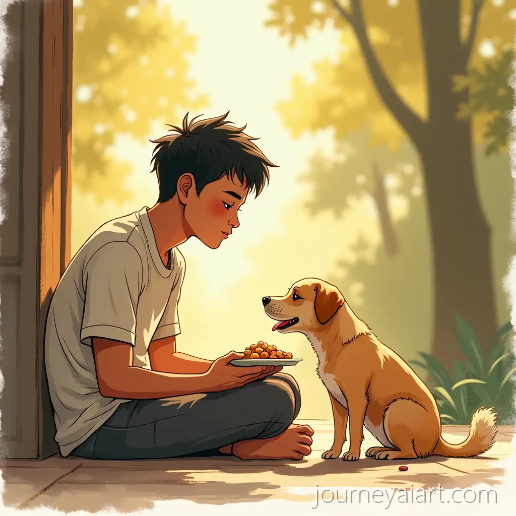 Southeast-Asian-Man-and-Stray-Dog-Sharing-Food-in-Peaceful-Companionship