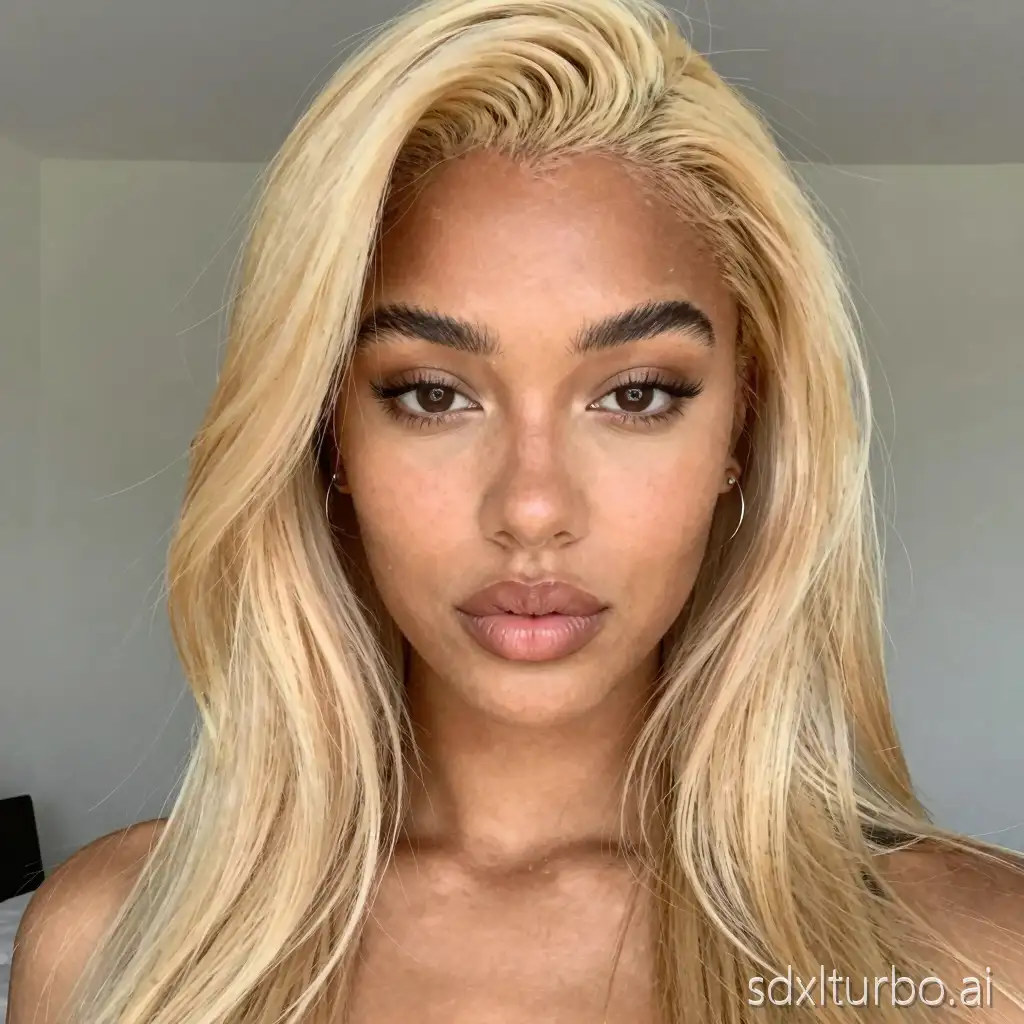 can you make a selfie of a brown-skinned girl with blonde hair as realistic as possible