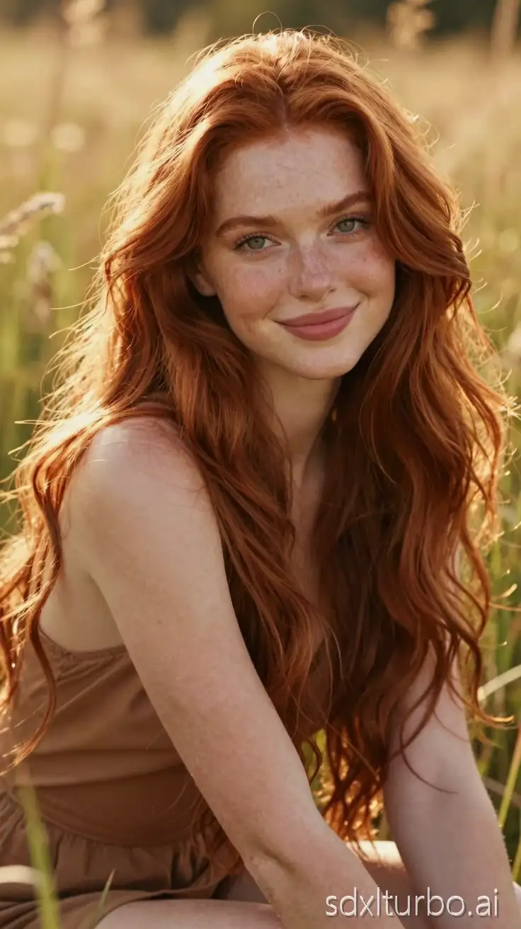 Ultra-realistic outdoor portrait of a young woman sitting in a meadow during golden hour. Very long, thick, naturally wavy copper-red hair flowing past her waist, rich warm auburn tone, natural shine, detailed individual strands, soft volume and movement.Fair lightly sun-kissed skin with subtle natural freckles across nose and upper cheeks, realistic skin texture, visible pores, soft natural glow.Oval face, high cheekbones, softly defined jawline, small straight nose. Bright green almond-shaped eyes with natural lashes, softly defined brows slightly darker than hair. Warm radiant smile, full natural pink lips.Slim feminine physique with natural proportions.Golden hour sunlight illuminating her hair, soft rim light, warm cinematic tones. Meadow background with tall grass, shallow depth of field, creamy bokeh. Professional DSLR photography, RAW photo, 85mm lens, f/1.8, sharp focus on eyes, high dynamic range, natural color grading, ultra-detailed, photorealistic.
