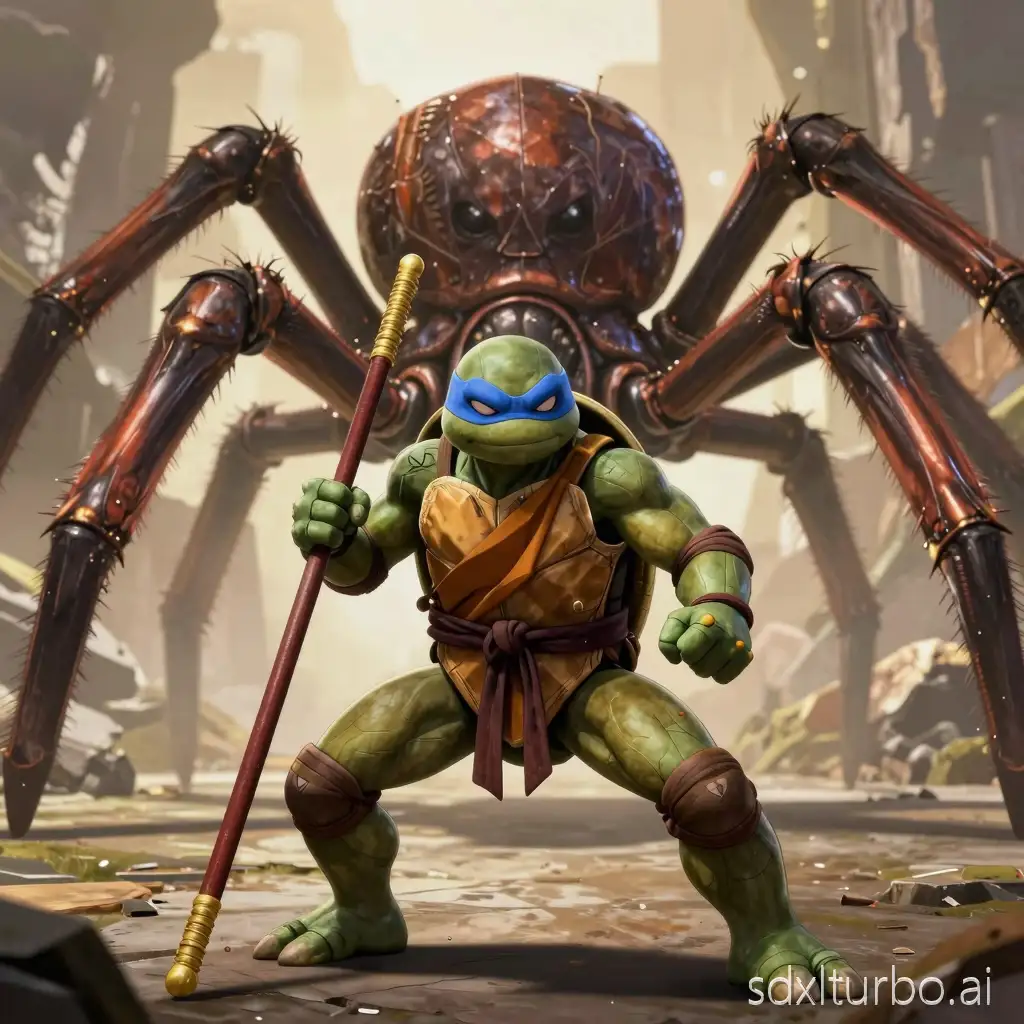 Ninja turtle monk with a long two-handed staff standing in a fighting stance before a terrible giant arachnid monster without eyes, facing it
