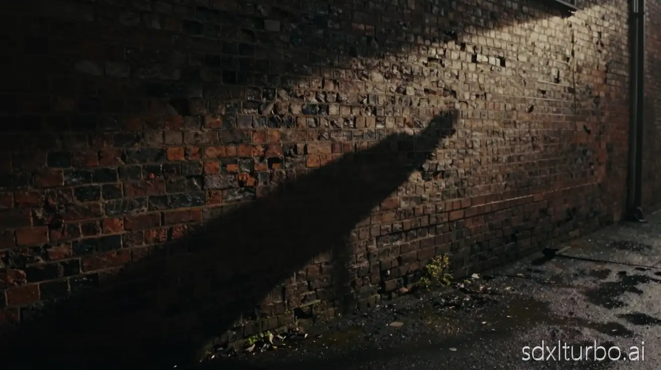 Side-angle shot of an alleyway, elongated shadow sliding unnaturally across brick wall, no visible source, wet ground reflecting movement, ominous but restrained, controlled lighting, suspenseful tone, cinematic realism, 8K resolution