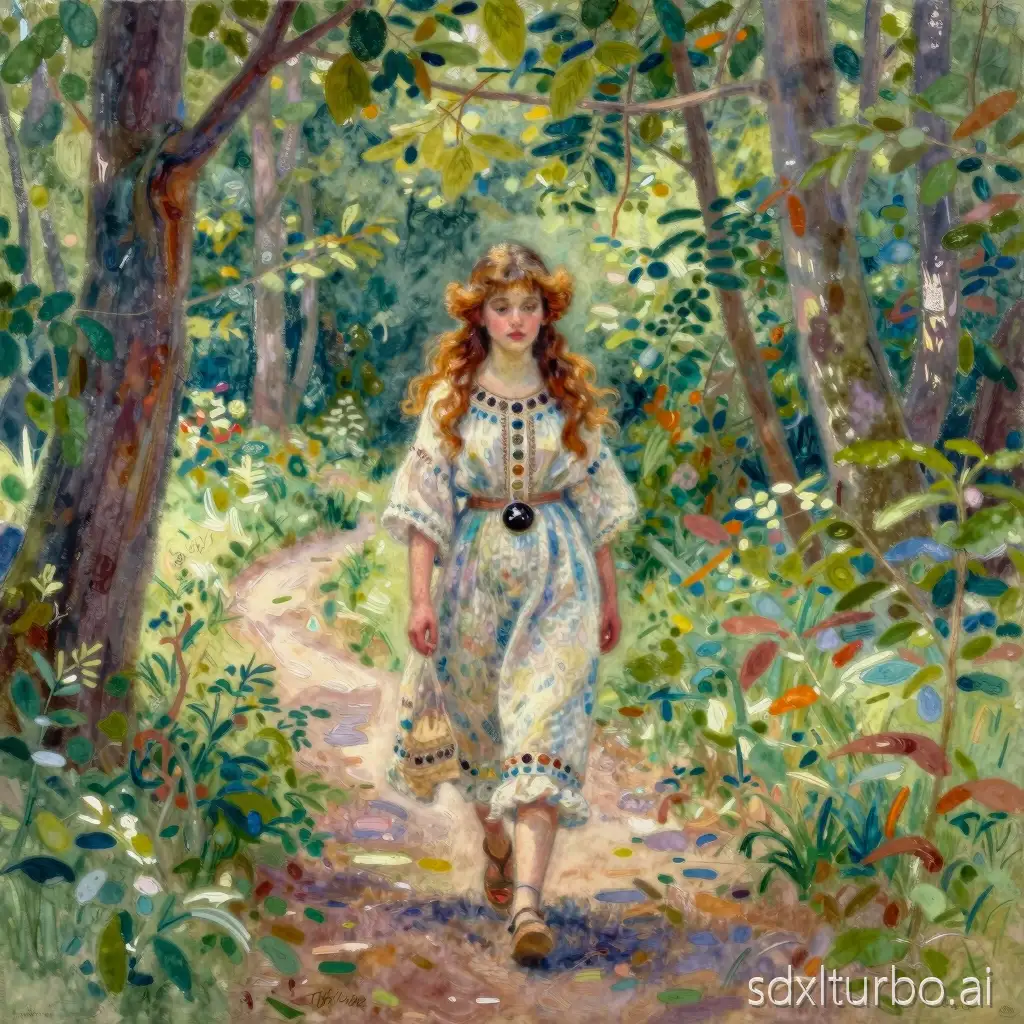 Professional museum high-quality art in watercolor style of forest landscape, young beautiful neolithic girl in naturalistic style of Clode Monet walks by the forest path towards the audience, soft light in David Hamilton style, full-length focus, vibrant colors, old style textured fabric.