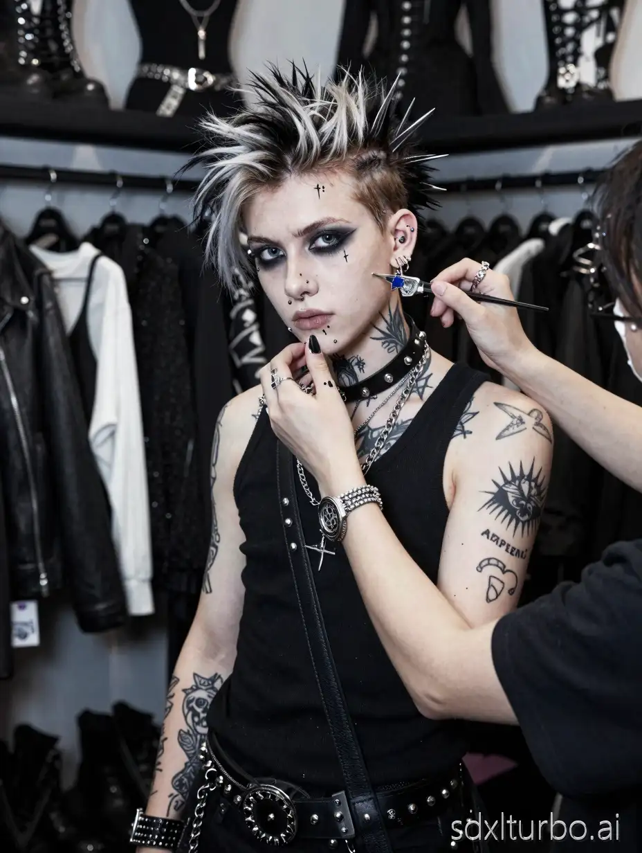 A teenage punk boy at a goth-themed clothing store being given an extreme goth makeover.  He is heavily tattooed, with many piercings, spiky jewellery and studded clothes.