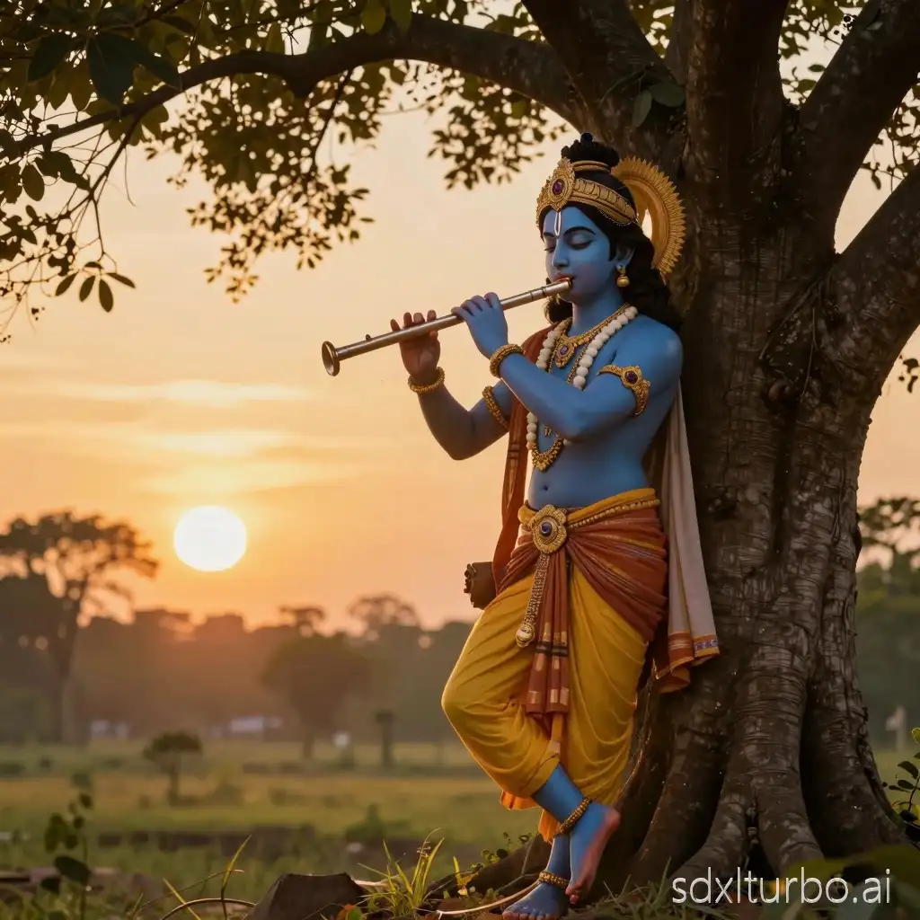 Krishna playing flute under tall tree, Vrindavan forest, golden sunset sky, divine glow, cinematic lighting, ultra detailed devotional illustration, volumetric light, 9:16 portrait Steps: 30–35 | CFG: 7 | Sampler: DPM   2M Karras Negative: low quality, bad anatomy, extra fingers, blur