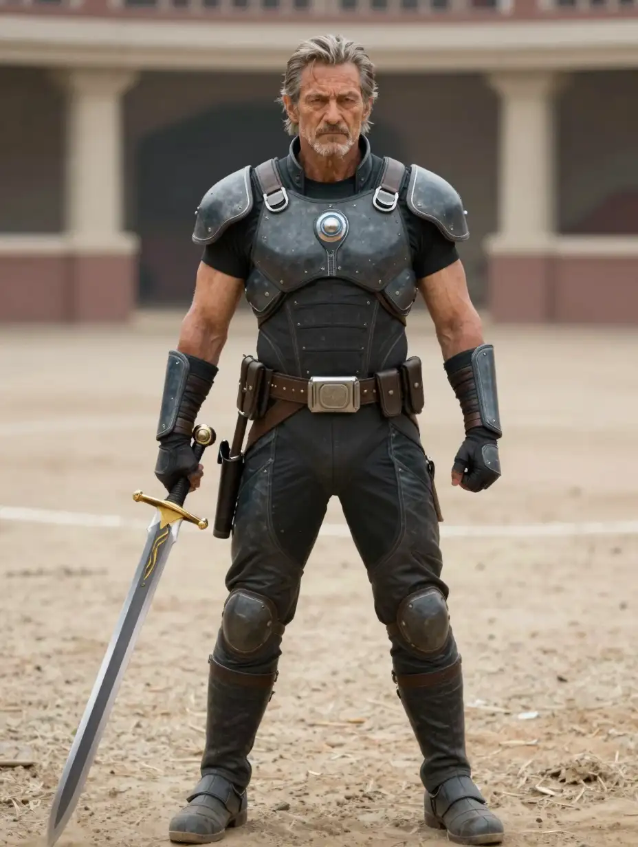 a 66-year old male warrior with with robuust body with muscles, he only wears high tech bodysuit with weapon belt, a sword in his hands, hey stands in a Arena,