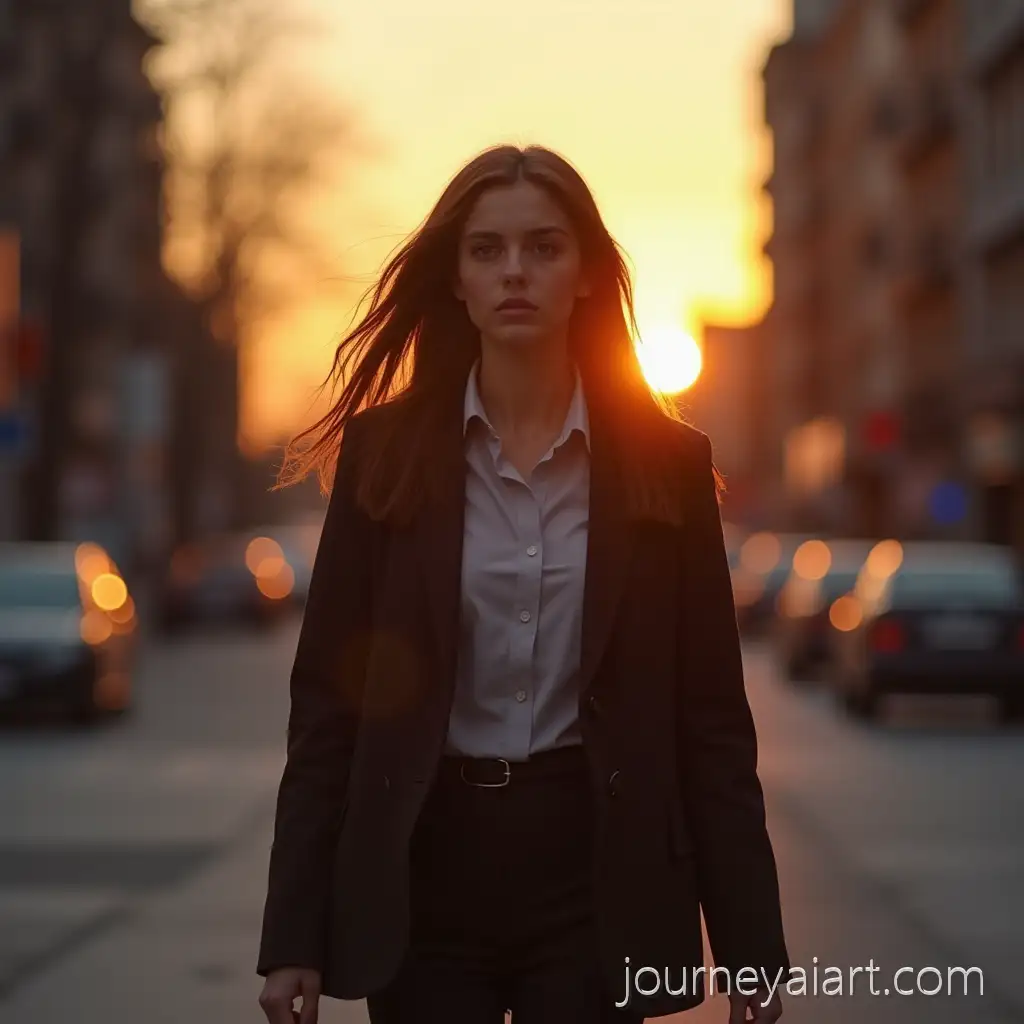 Young-Professional-Woman-Walking-Home-at-Sunset-in-a-Cinematic-City-Scene