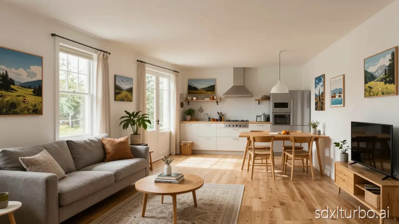 A composite apartment blending memories of a childhood old house with modern comfort elements. The core area is a bright living room connecting to an open kitchen, with travel destination landscapes hanging on the walls. The overall atmosphere is warm, bright, and serene, like a quiet afternoon on a weekend.