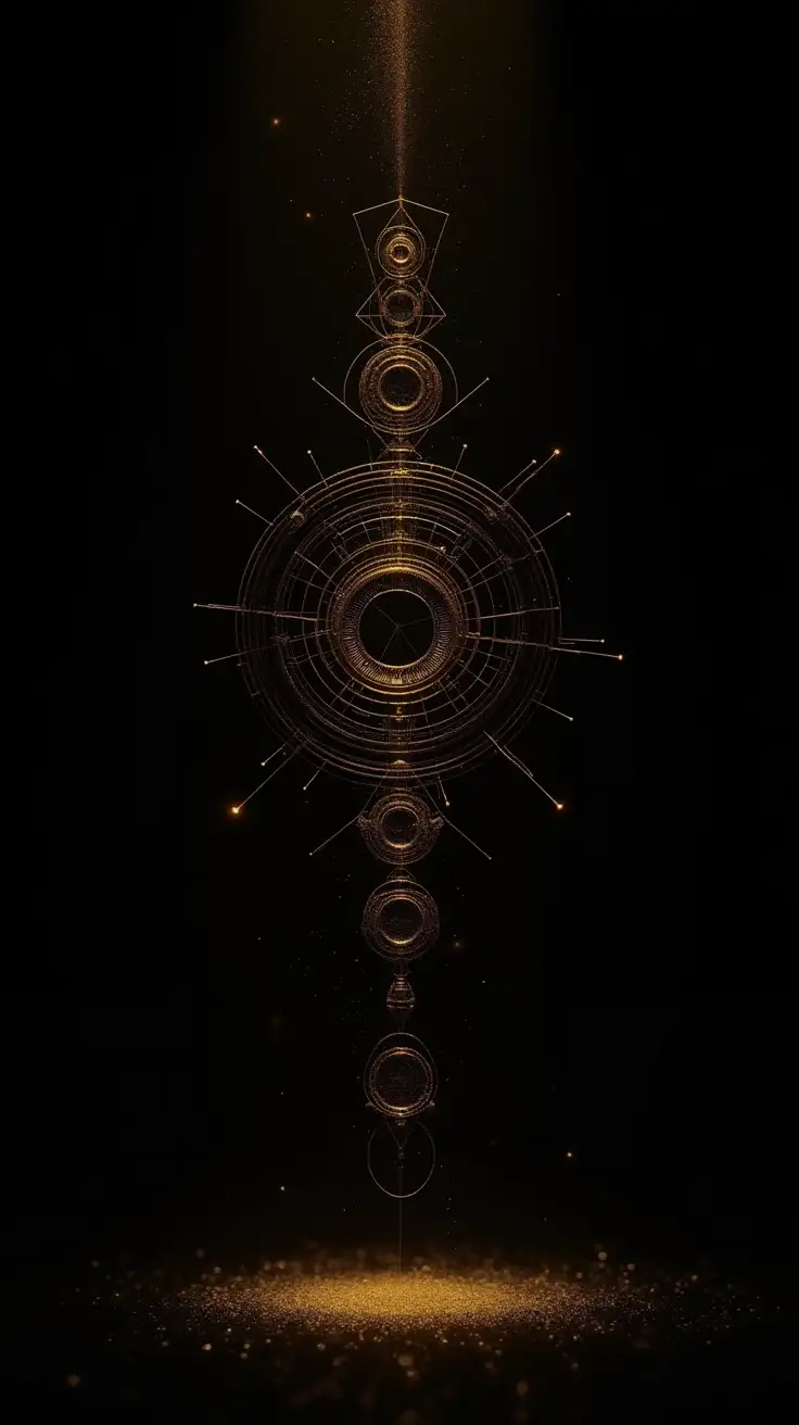 Abstract geometric structure resembling an ancient energy instrument, ultra-thin gold line geometry arranged with mathematical precision, concentric rings, radial lines, and alignment points, suspended in deep black space, subdued lighting, particulate gold dust, calm and grounded atmosphere, high realism, cinematic depth, no mysticism clichés, no symbols, no chakras, no text