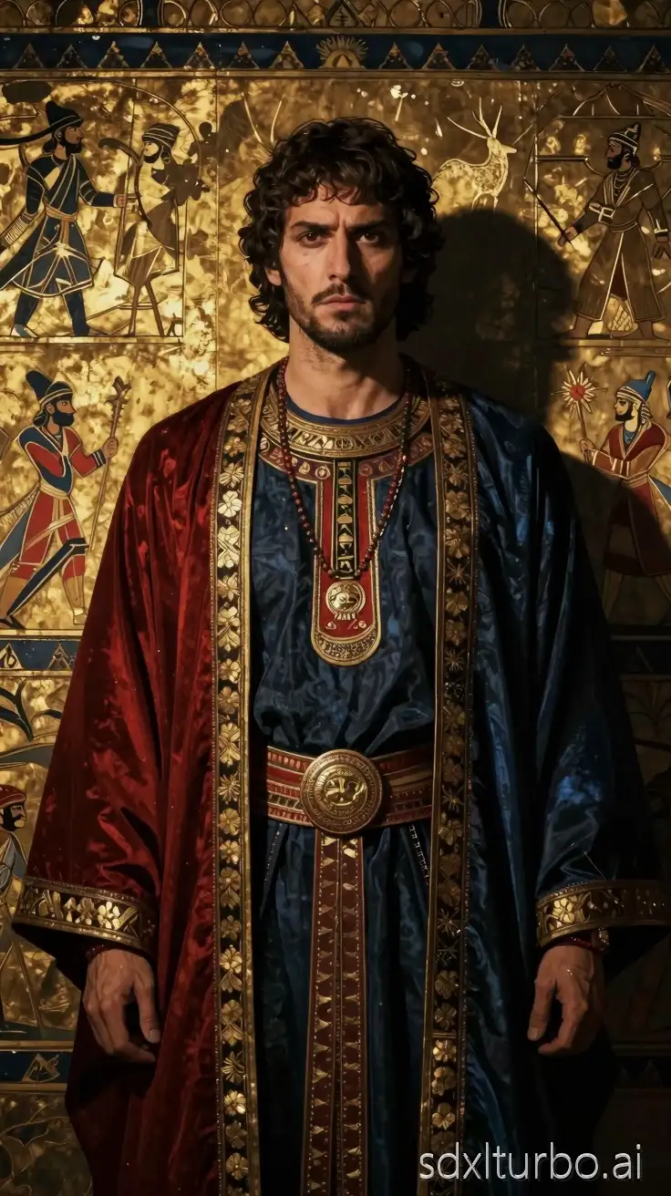 Epic Persian mythological illustration, semi-realistic cinematic style, inspired by ancient Persian miniatures and modern dark fantasy, dramatic lighting, high contrast, limited color palette (earth tones, gold, deep red, dark blue), strong shadows, serious tone, no cartoon, no exaggeration, historical fantasy atmosphere, high detail, painterly texture, cinematic composition, vertical comic panel