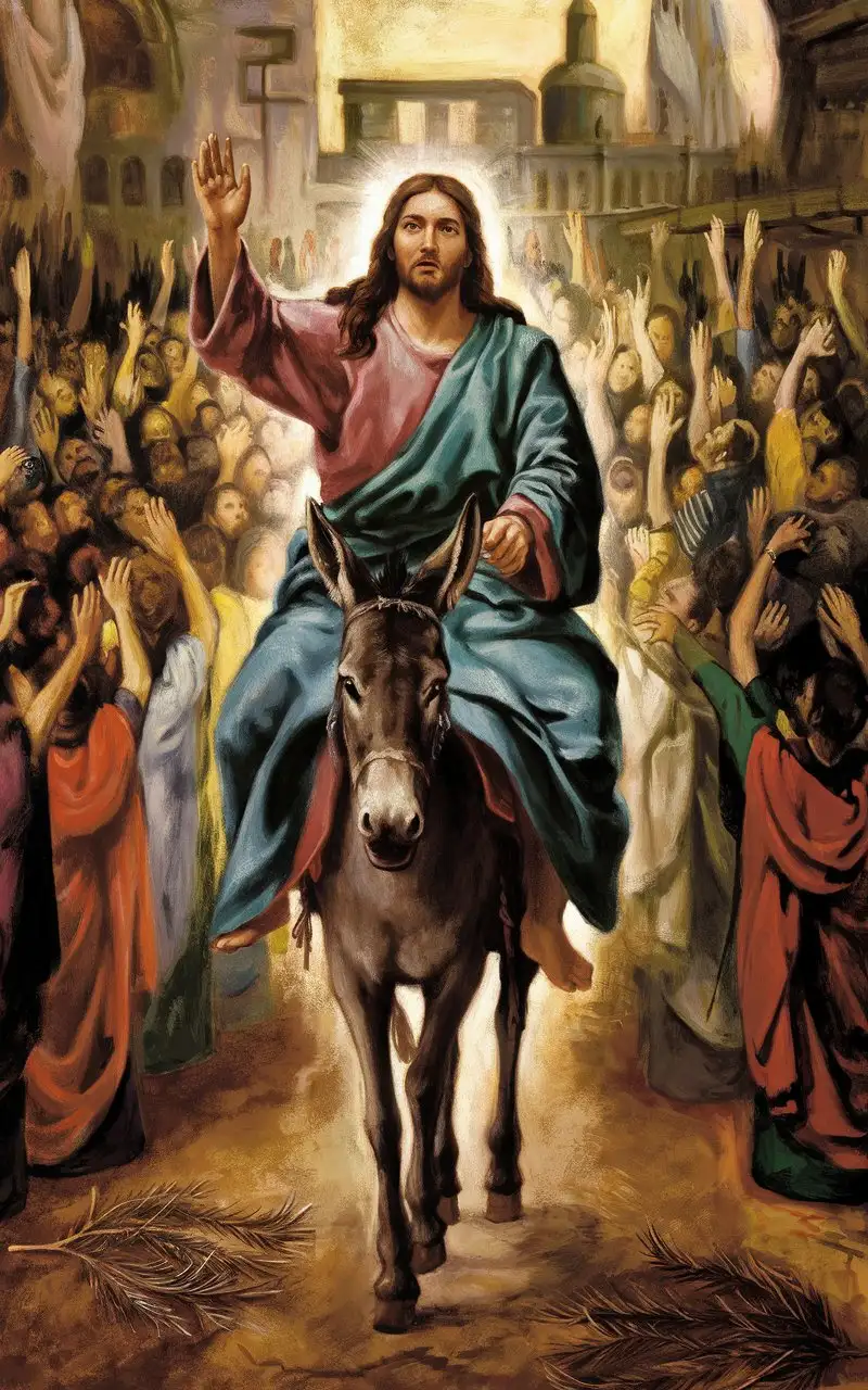 LORD JESUS CHRIST sat on a donkey when he entered the Holy City, LORD JESUS CHRIST was popular with the crowd and everyone jubilate, LORD JESUS CHRIST was regarded as a King as he was promised Messiah,