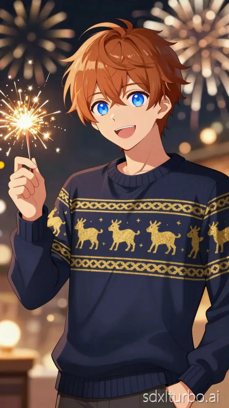 anime style pngtuber boy, new year celebration theme, upper body portrait, short messy chestnut hair, bright sky blue eyes, cheerful excited smile, navy blue sweater with gold new year pattern, holding a party popper, warm festive lighting, fireworks bokeh in background, clean lineart, vtuber style, high detail, no full body