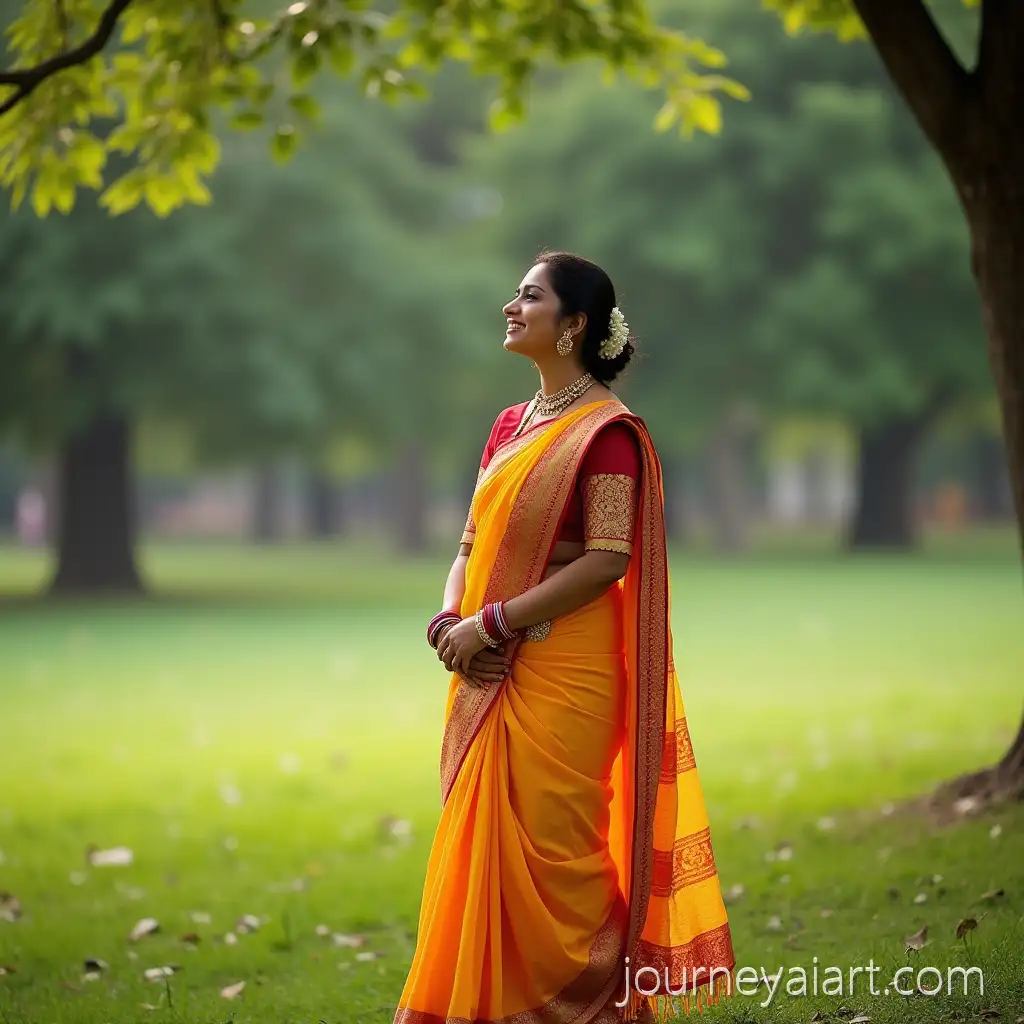 Indian-Woman-in-Saree-Enjoying-Nature-at-Park