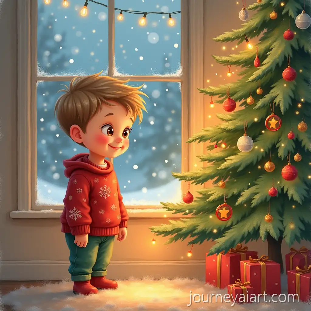2YearChristmas-boy-by-treeOld-Boy-in-Cozy-Christmas-Sweater-by-Christmas-Tree-with-Snowflakes-and-Fireplace-Glow