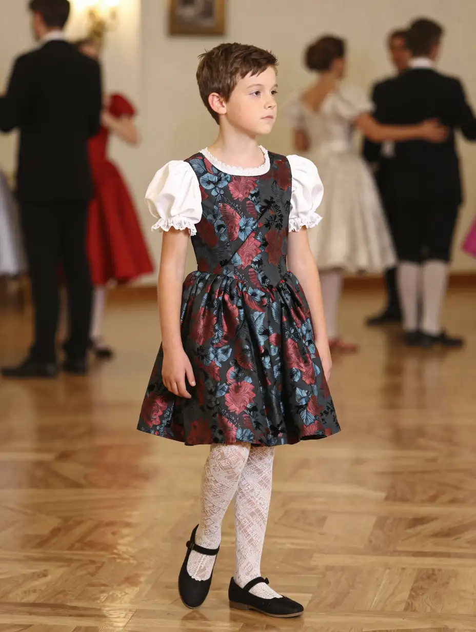 Short-haired 12 yo boy in brocade-dress and lace stockings in a ballroom